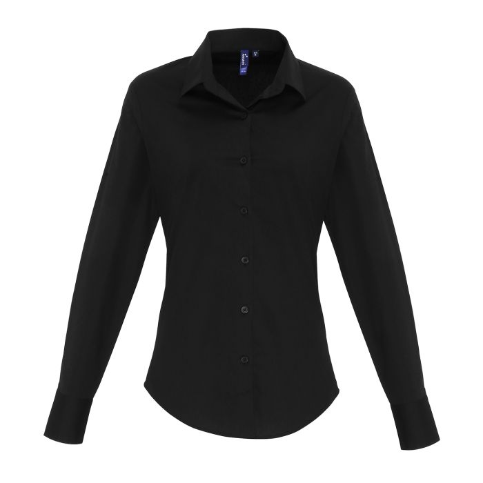 Women's stretch fit cotton poplin long sleeve blouse - Black - XS Women's stretch fit cotton poplin long sleeve blouse - Black - XS