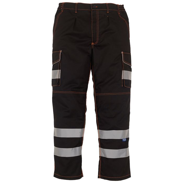 Hi-vis polycotton cargo trousers with kneepad pockets (HV018T/3M) - Black - 28 Reg