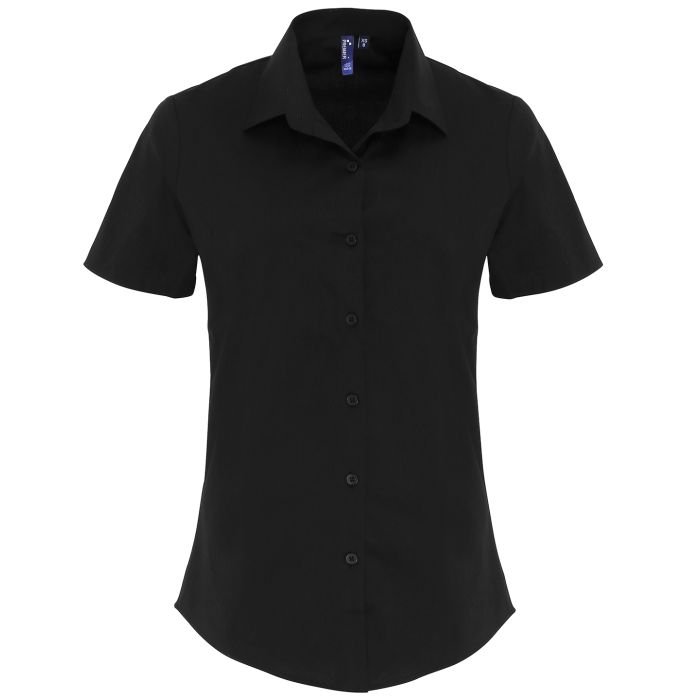 Women's stretch fit cotton poplin short sleeve blouse - Black - S Women's stretch fit cotton poplin short sleeve blouse - Black - S
